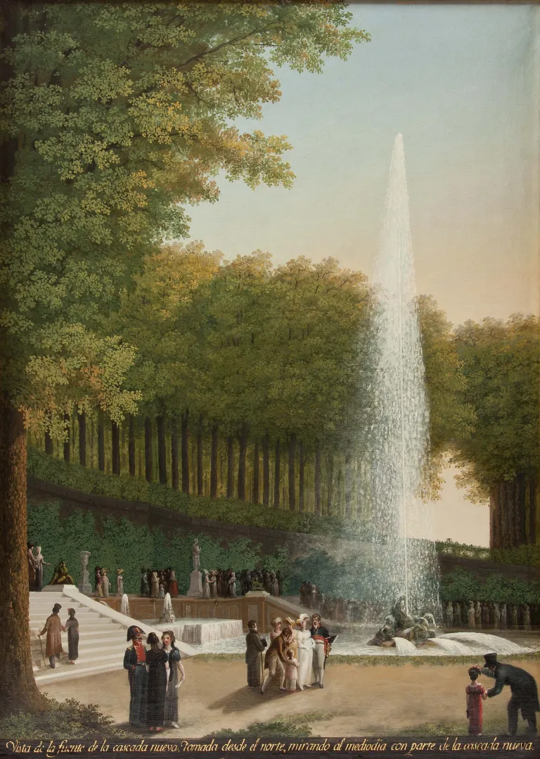 Pintura de un jardín arbolado con una cascada que cae sobre una fuente en la que se representa a una diosa en el conjunto escultórico central desde el se eleva un gran surtidor de agua. Los visitantes del jardín, vestidos de época,  conversan y disfrutan del jardín formando corrillos.