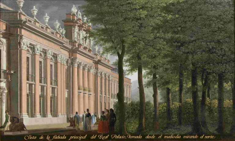 Fernando Brambilla, La fachada principal desde el bosquete de los Vientos, h. 1821. Patrimonio Nacional.