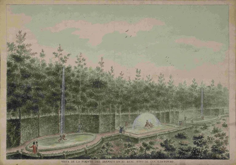 Dibujo en perspectiva de tres fuentes dispuestas en línea, con esculturas de las que surgen juegos de agua. Las fuentes se sitúan en espacios rodeados por setos recortados y alineaciones de árboles.