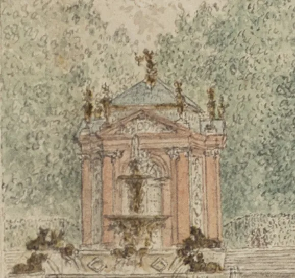 Gómez de Navia, El parterre y la cascada principal desde uno de los balcones del Palacio, detalle,  h. 1800. Colección particular.