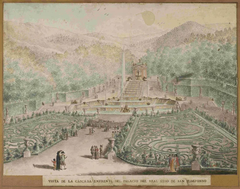 Dibujo de un jardín con parterres formados por dibujos de filigranas de boj y una gran cascada que cae en una fuente en cuyo grupo de esculturas central surge un gran surtidor vertical de agua. En la parte superior de la cascada hay otra fuente, y un cenador, todo enmarcado por densas arboledas y al fondo un paisaje montañoso.