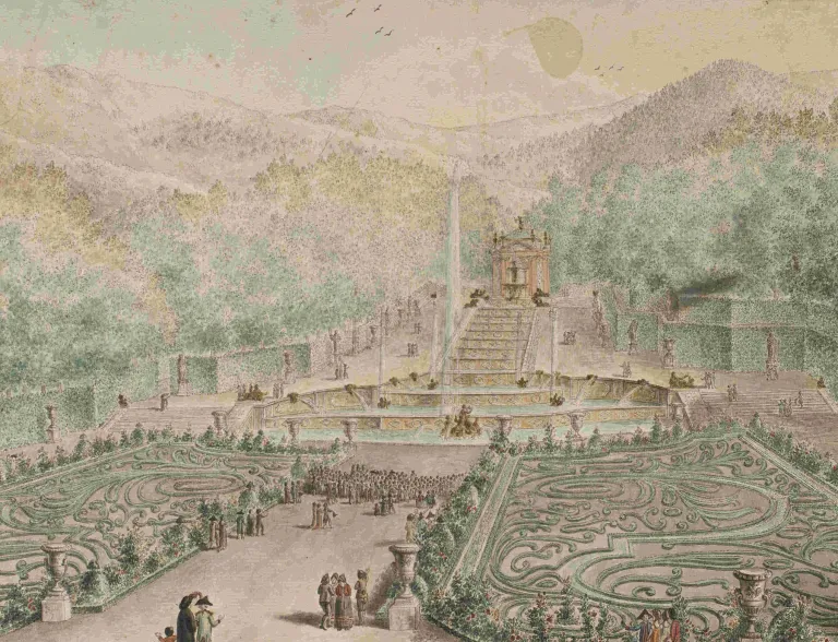 Gómez de Navia, El parterre y la cascada principal desde uno de los balcones del Palacio, h. 1800. Colección particular.