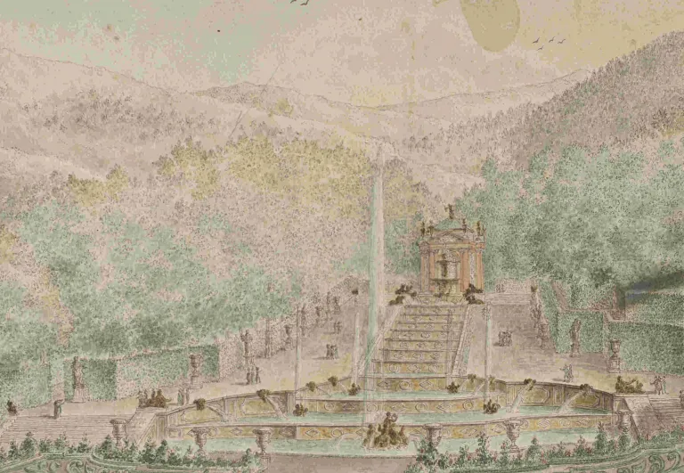Gómez de Navia, El parterre y la cascada principal desde uno de los balcones del Palacio, detalle,  h. 1800. Colección particular.