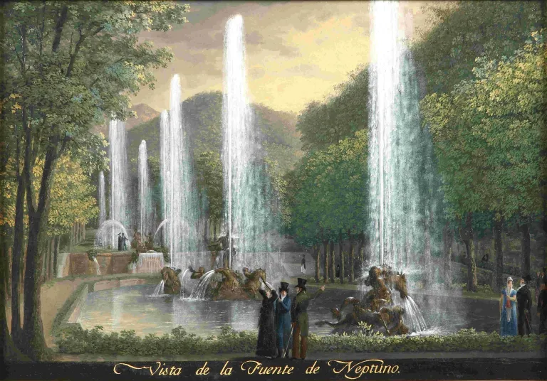 Pintura de un jardín arbolado con fuentes con abundantes surtidores de agua que se elevan en altura y son admirados por grupos de personas vestidos de época. El fondo del cuadro es un paisaje montañoso.