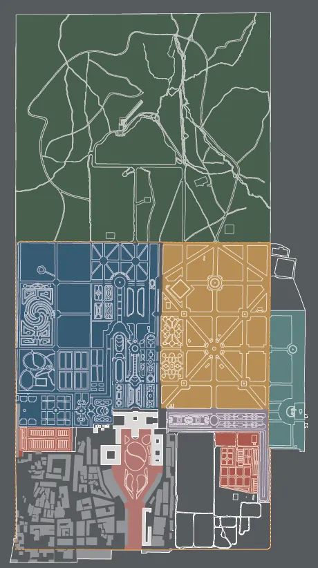 Plano de la evolución de los Jardines de la Granja identificando con colores las diferentes zonas.