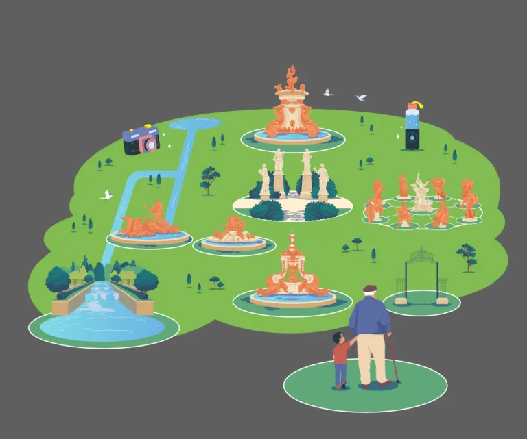 Ilustración del jardín que te ayudará a realizar el recorrido para resolver los enigmas.