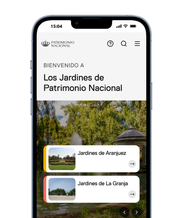 La webapp de los Jardines de Patrimonio Nacional en un teléfono móvil.